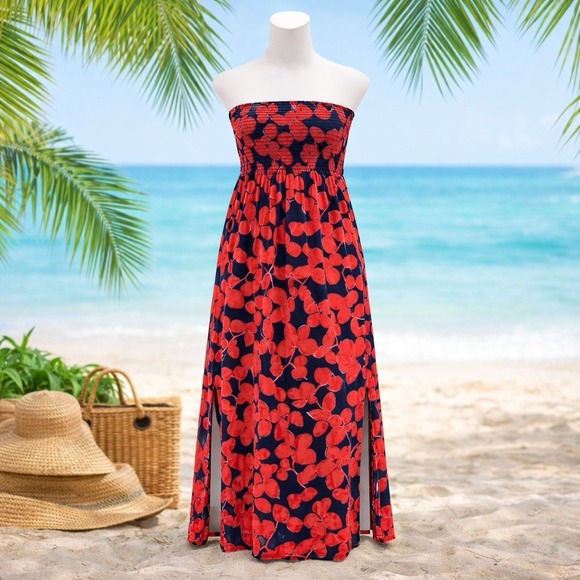 GAP Dresses & Skirts - Gap Women's Strapless Maxi Dress Small Red Floral Smocked Boho Beach Swim Cover